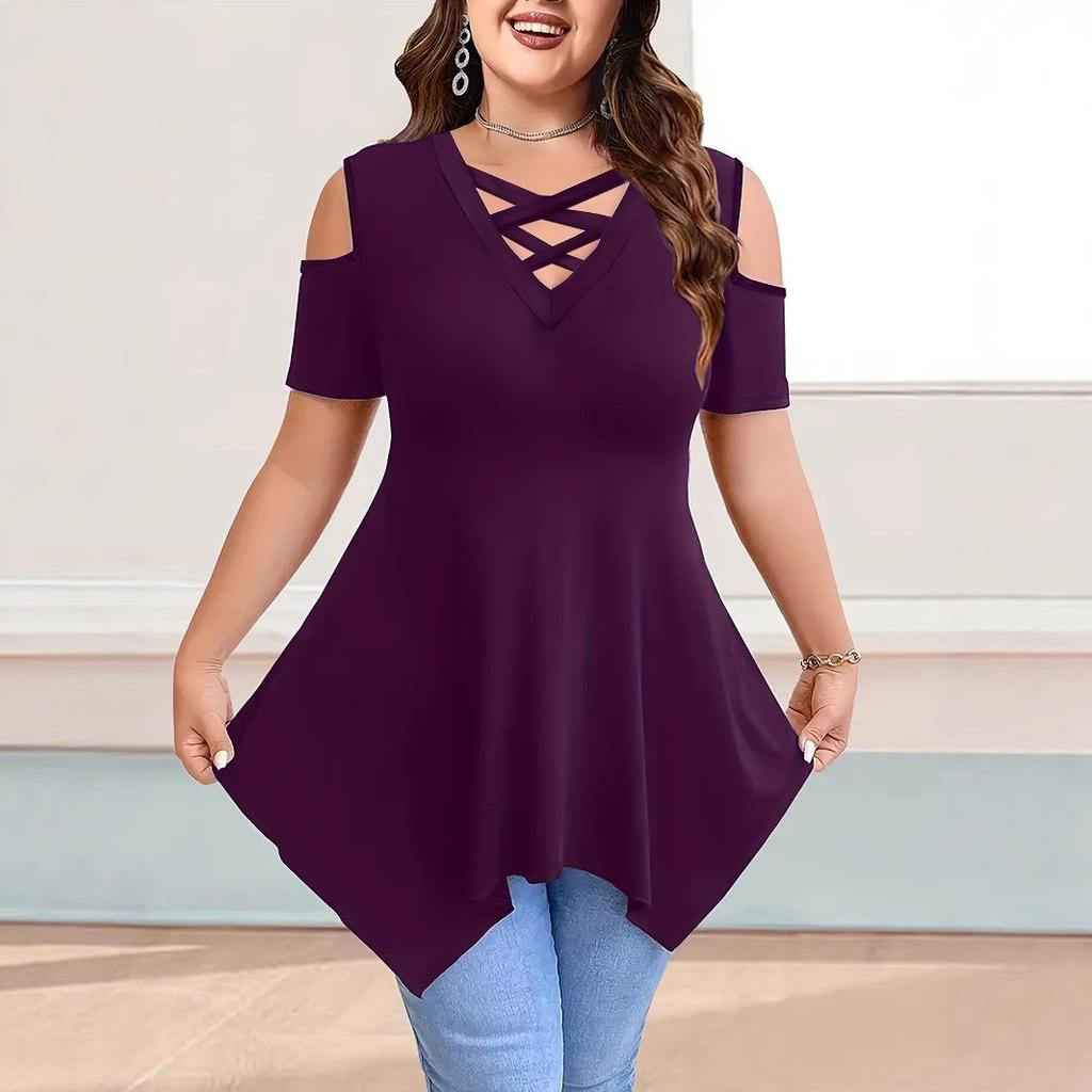 V-Neck Off-Shoulder Short-Sleeve Crossover Strap Women's T-Shirt