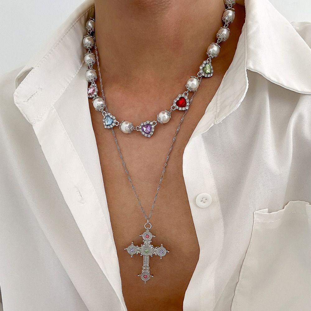 Ethnic Style Cross Pendant Necklace Heart Rhinestone Necklace Retro Men Necklace  Girls
