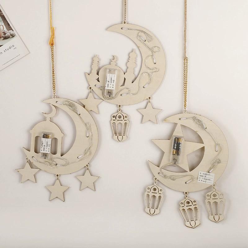 Wooden Ramadan Kareem Eid Mubarak Hanging Pendant LED Lights Moon Stars Lanterns Bedroom Decorative Lights Wall Hanging Lights