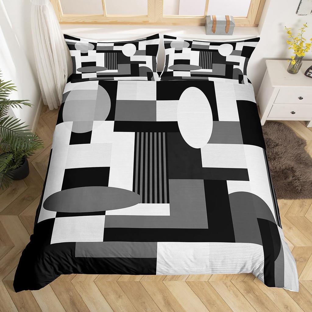 Feelyou Geometrisches Bettwäsche-Set Queen-Size Grün Schwarz Grau Bettbezug-Set für Jungen Mädchen Teenager Rechteck Quadrat Bettbezug Modern Abstrakt