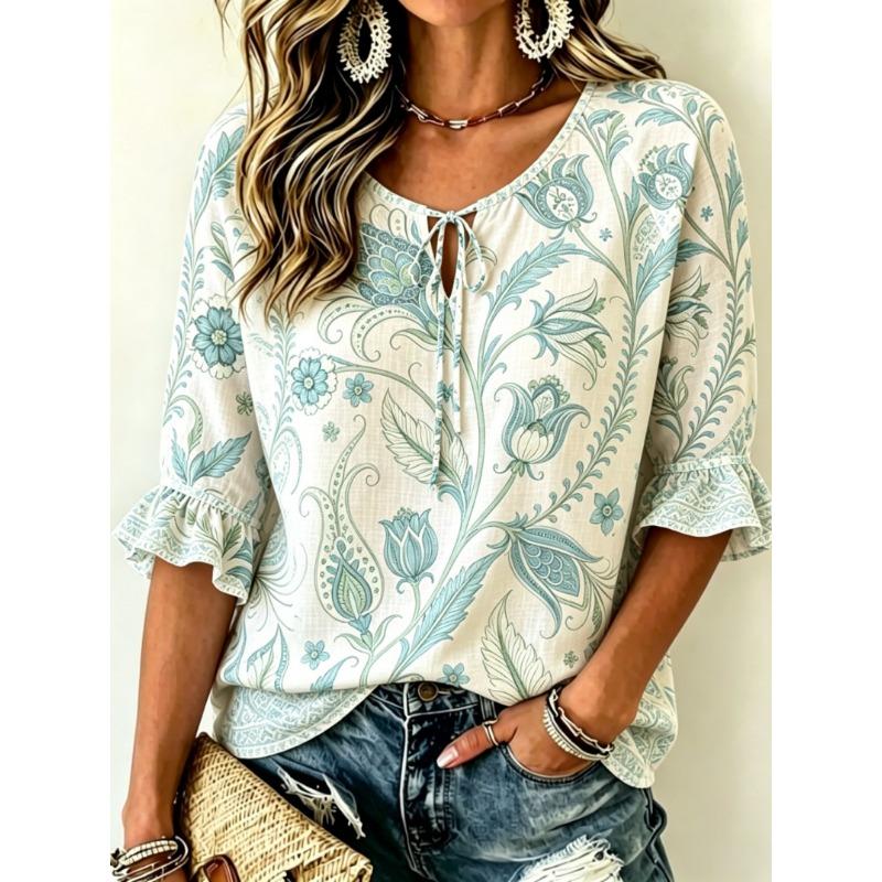 Women's Sunflower & Paisley Print Tie Front Blouse, Casual Loose Top for Spring Summer Daily Wear