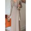 Frühling Neu Langarm V-Ausschnitt Slim Elegant Kleid Damenmode Temperament Sexy Party Damen Freizeitkleider Mode Gebunden Gewickelt Langes Kleid 25991