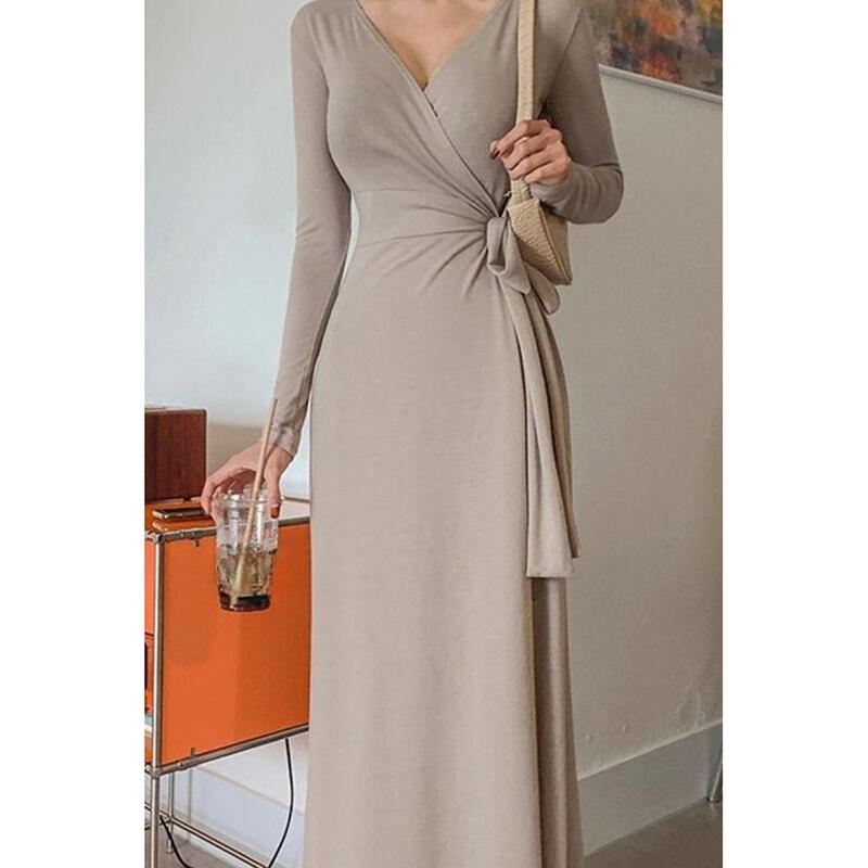 Frühling Neu Langarm V-Ausschnitt Slim Elegant Kleid Damenmode Temperament Sexy Party Damen Freizeitkleider Mode Gebunden Gewickelt Langes Kleid 25991