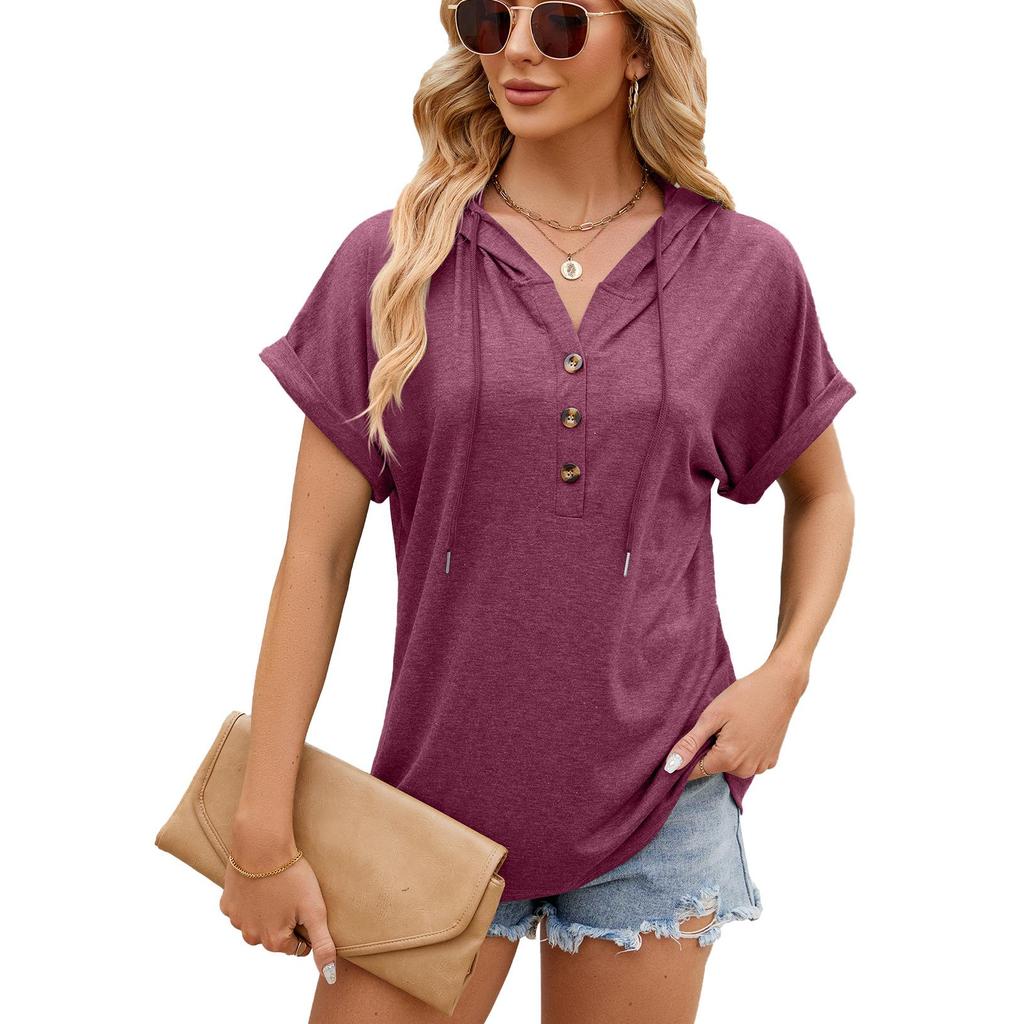 2026 Solid Color Hooded Button Loose Women's Short Sleeved T-shirt Top
