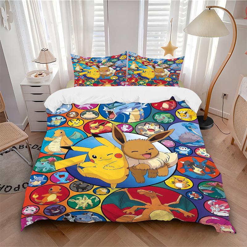 3pcs Eevee Circular & Pokemon Pikachu Quilt Cover Set (1 Quilt Cover + 2 Pillowcases Without Pillow Core), High-Definition Printing for Home and Dormi