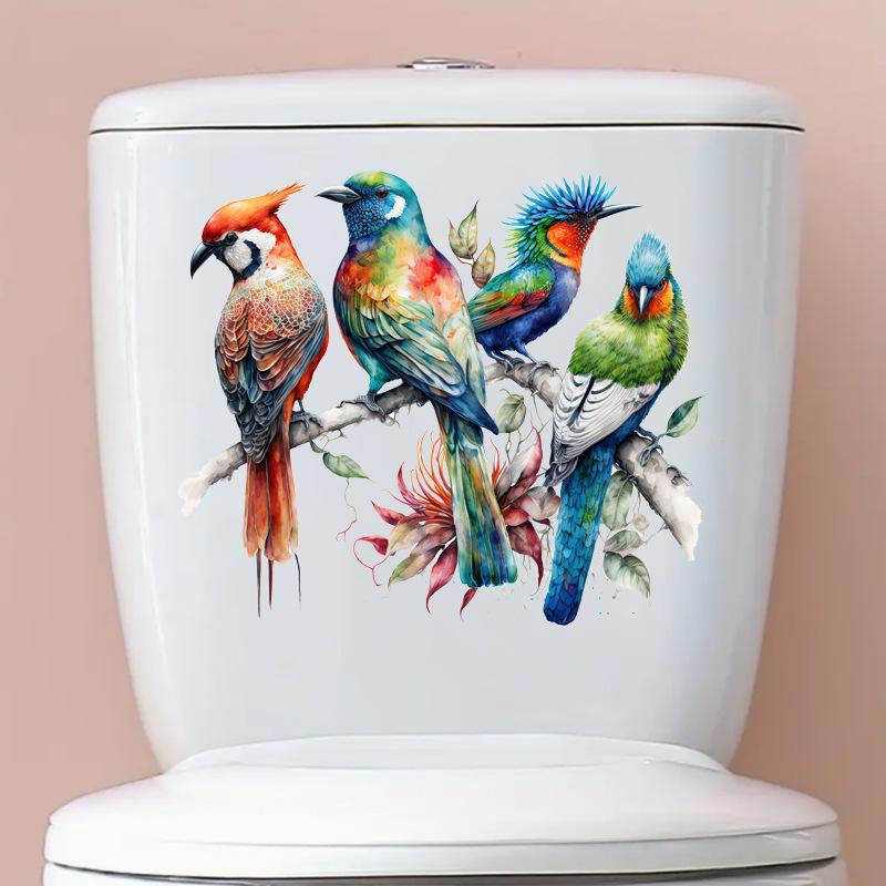 Self-adhesive Hand-painted Bird on Branch Toilet Stickers Waterproof for Bathroom Wall Decor