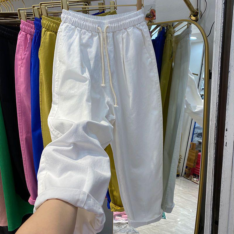 Women's Summer High-Waist Cotton Cropped Pants - Slimming, Harajuku Style, Plus Size, Elastic Waist, Lightweight Casual Wear