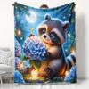 1 Stück Gemütlicher Waschbär mit Blumenstrauß unter dem Nachthimmel Flanelldecke, 100 % Polyesterfaser HD Digitaldruck, Geeignet für alle Jahreszeiten, Kühlende Decke, S