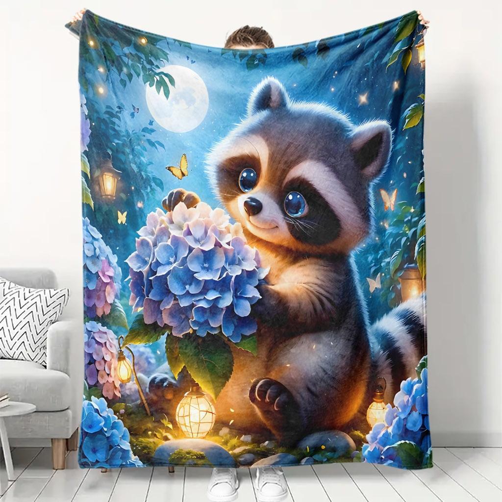 1 Stück Gemütlicher Waschbär mit Blumenstrauß unter dem Nachthimmel Flanelldecke, 100 % Polyesterfaser HD Digitaldruck, Geeignet für alle Jahreszeiten, Kühlende Decke, S