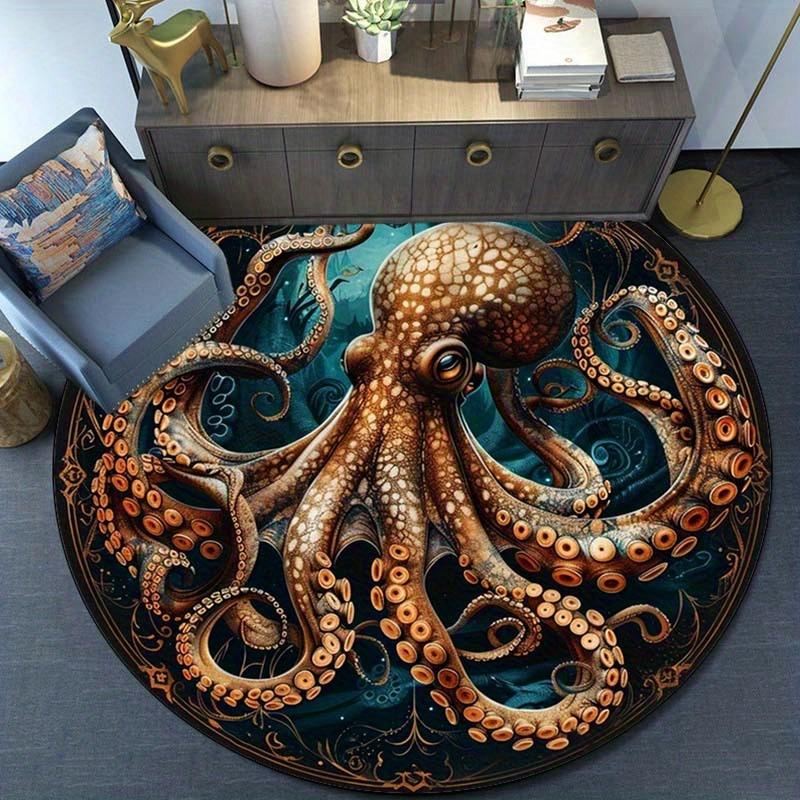 Octopus Sea Creature Round Rug Flannel Ocean Marine Life Print Area Mat For Bathroom Bedroom Decor Unique Artistic Floor Carpet