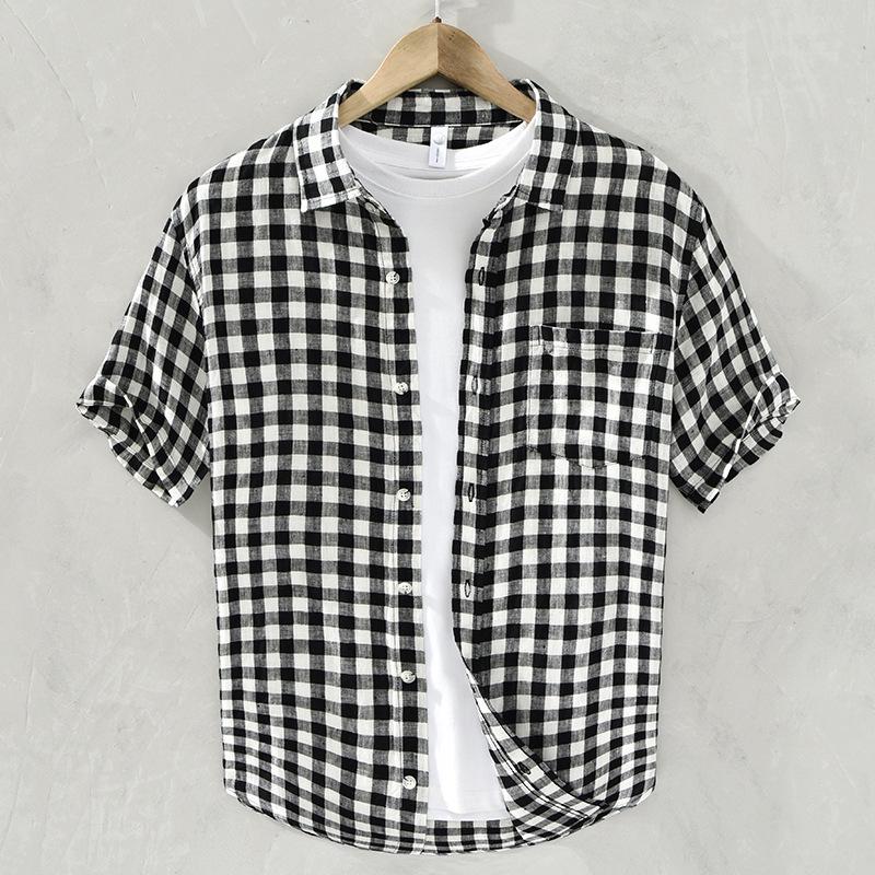 

Men s Trendy Summer Plaid Linen Shirt - Short Sleeve, Loose, Lightweight, Casual Top (Style 702) M чёрный
