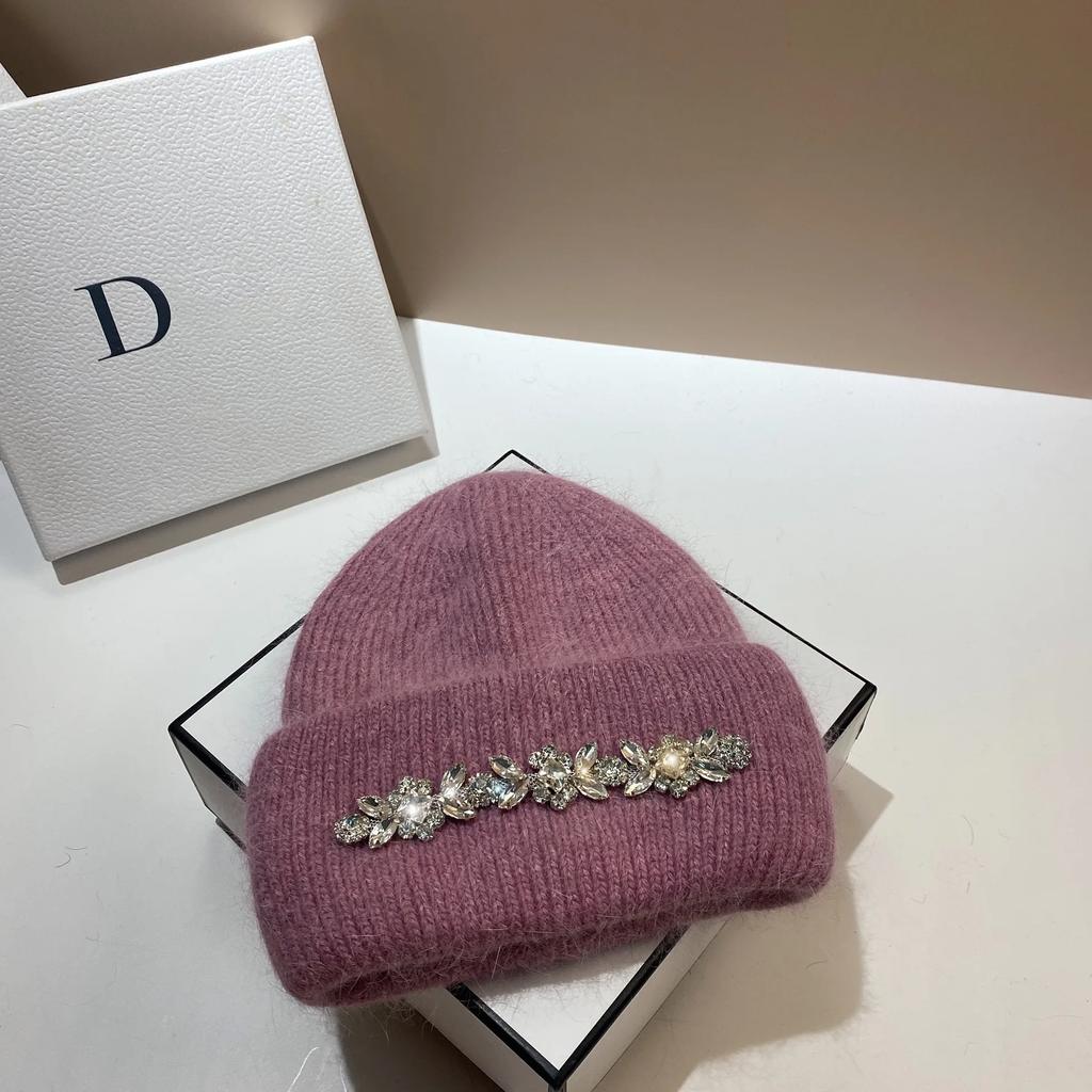 2024Mode Damen Wintermütze Echtes Kaninchenfell Gestrickte Mützen Diamanten Blume Damen Freizeit Hüte Warme Wolle Skullies Beanies