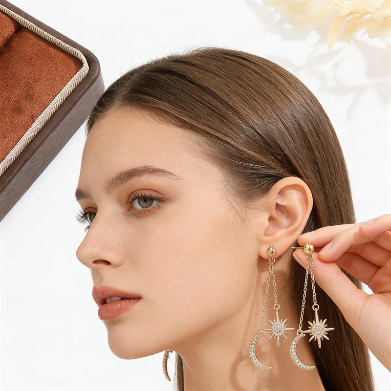 Exaggerated Moon and Star Stud Earrings for A Lady's Elegant Look. Moon Crescent Pendant for Wearing As Earrings.