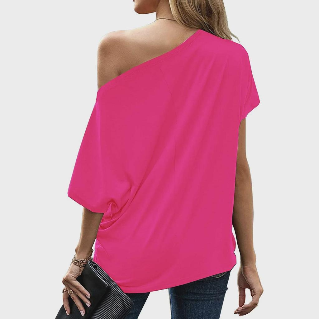 Women's Irregular One-Shoulder Solid Color Loose Short-Sleeved Top