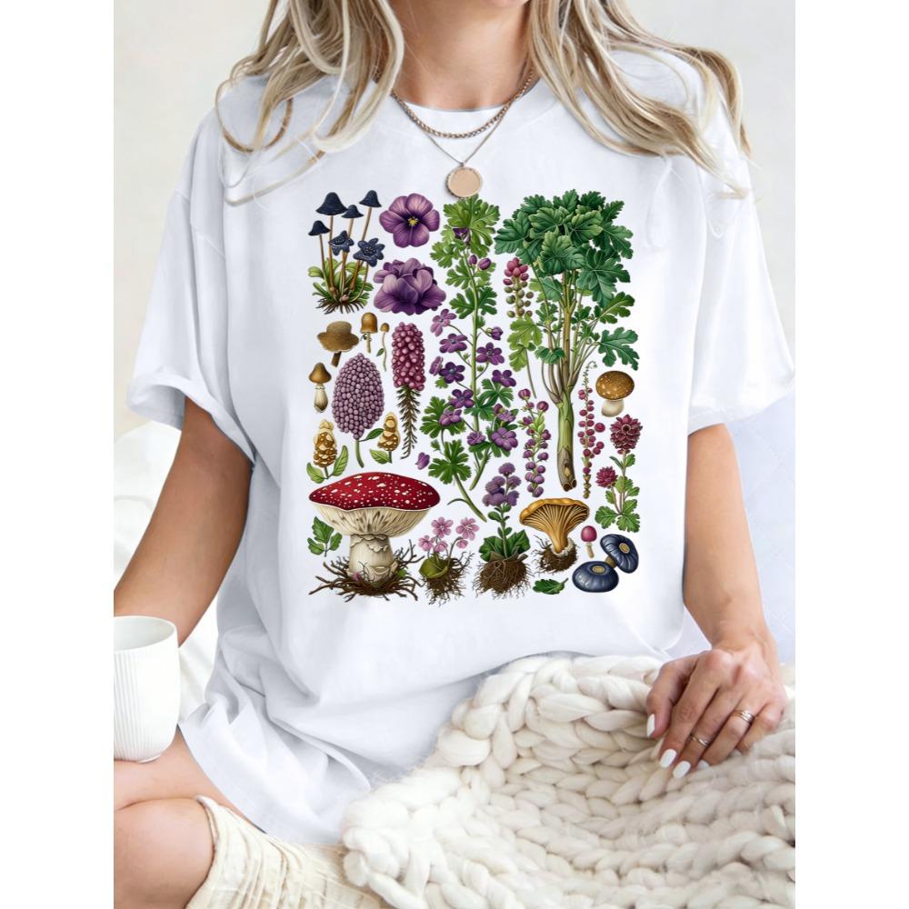 Retro Pilze Blumen Krautige Pflanzen Design Damen T-Shirt Rundhals Kleidung Baumwolle T-Shirt Oversized Sommer