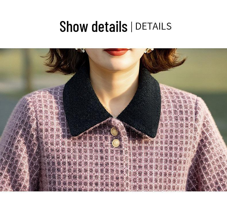 Mid-aged Women's Spring Plaid Woolen Coat - Stylish Lapel Top for Middle-aged & Elderly