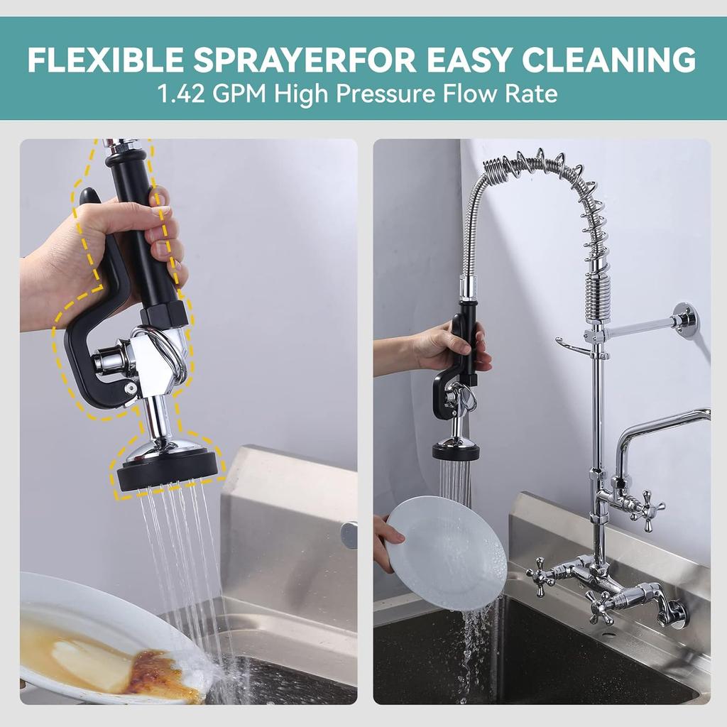 Pre Rinse Sprayer with Black 7/8"-20UNEF Handle Grip Assembly, 1.42 GPM High Pressure Pull Down Spray Head, Handheld Dish Sprayer Nozzle Replacement