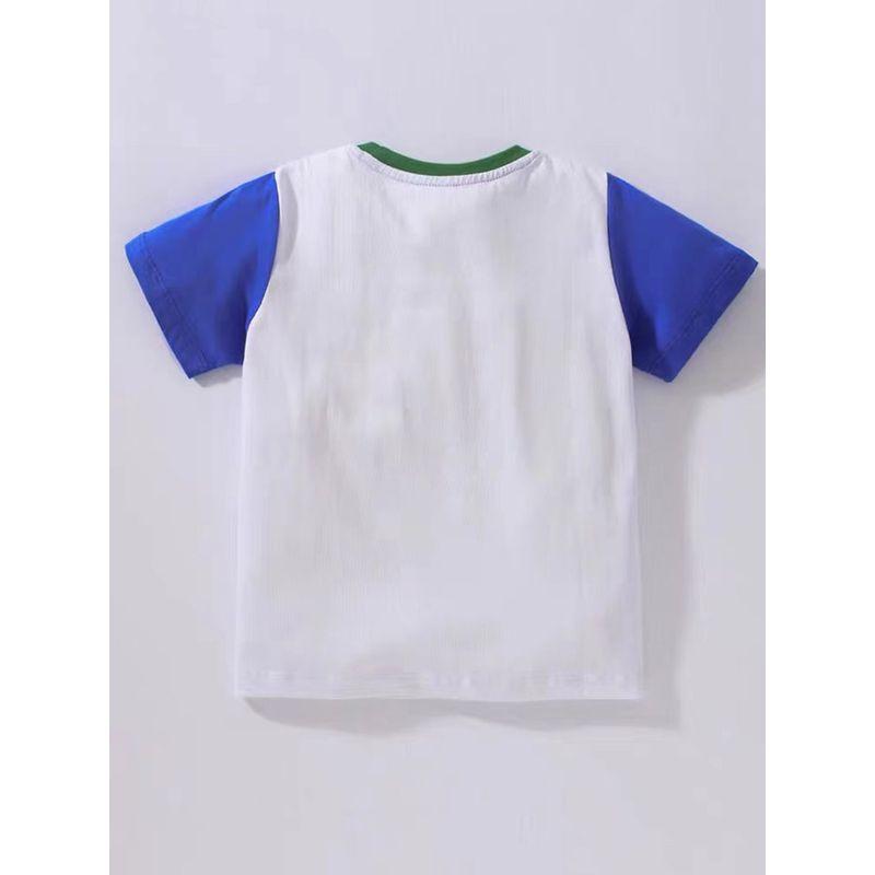 2025 New Summer Clothing for Baby Boys, Pure Cotton Short-Sleeve Pullover Base Shirt, Cartoon Round-Neck Children's Top, Construction Vehicle Design