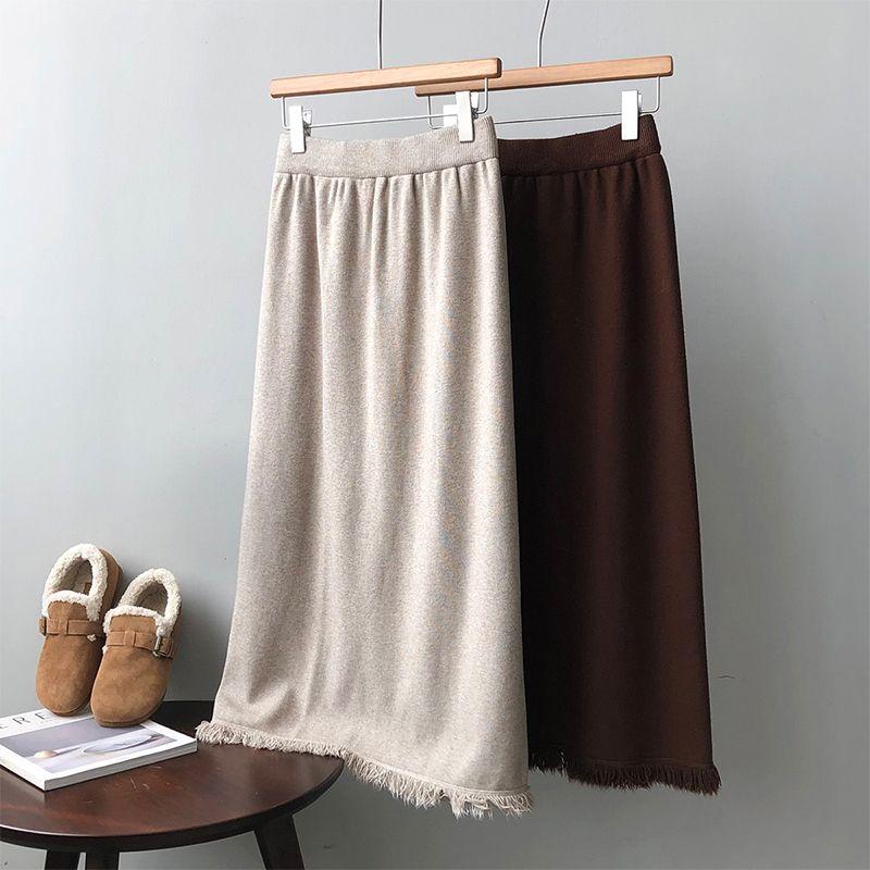 High-End Luxury Fringed Women's Knitted Midi Skirt Elegant Straight Bodycon Skirt High Waist