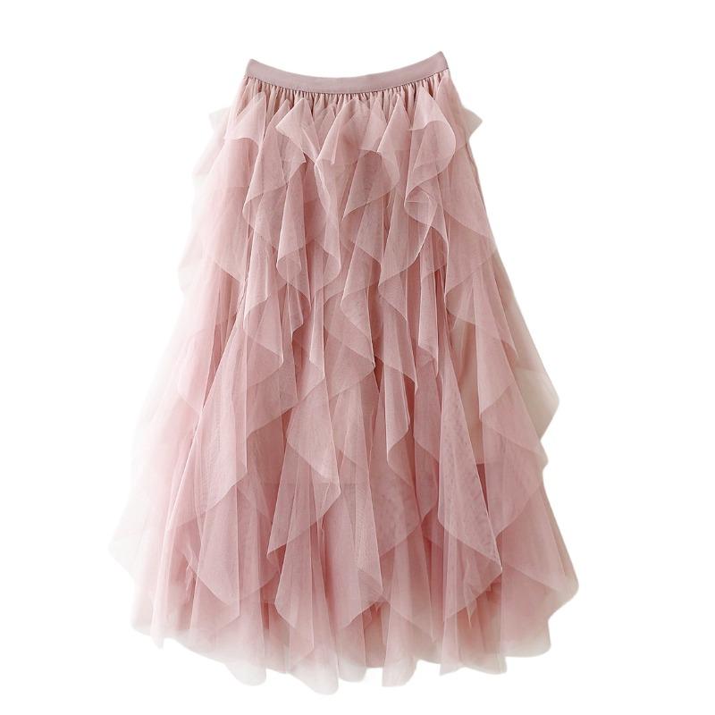 Manufacturer, Elastic Waist Fashionable Versatile and Thin Mesh Stitching Irregular Medium and Long Skirt
