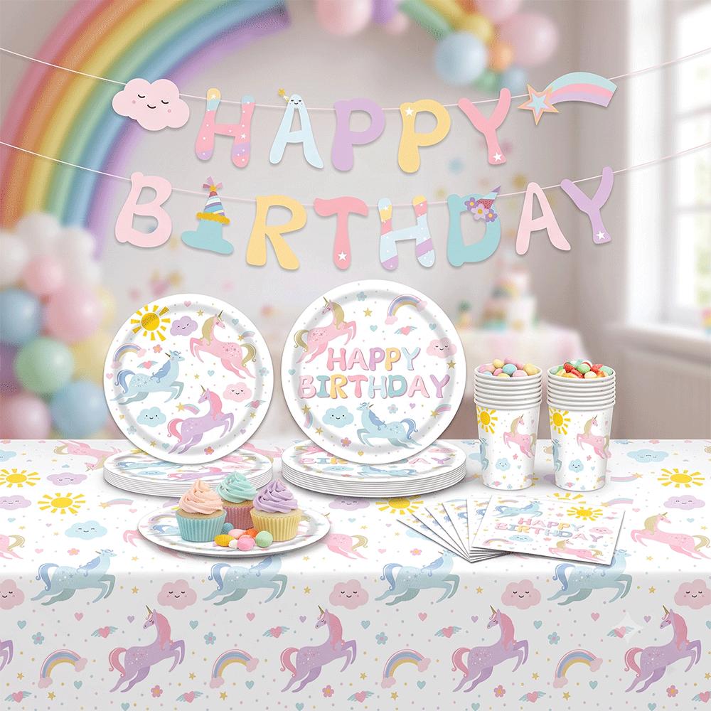 Unicorn Birthday Party Supplies Tableware Plates Cups Napkins Tablecloth Banner Foil Balloons Pastel Rainbow Baby Shower Decor