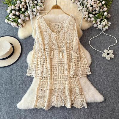 DIMANAF New 2024 T-Shirt Women Knitting Lace Long Sleeve O-Neck Hollow Summer Style Basic Tops Tees Loose Clothing
