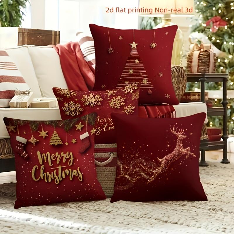 4pcs 2D Flat Double-Sided Print Christmas Pillow Covers, Golden And Red Patterns with Reindeer, Snowflakes, Christmas Trees. Seasonal Decorative Cushi