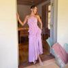 Womens Elegant Chiffon Wrap Neck Backless Dress With Pleated Detail High Waist Long Skirt 2025