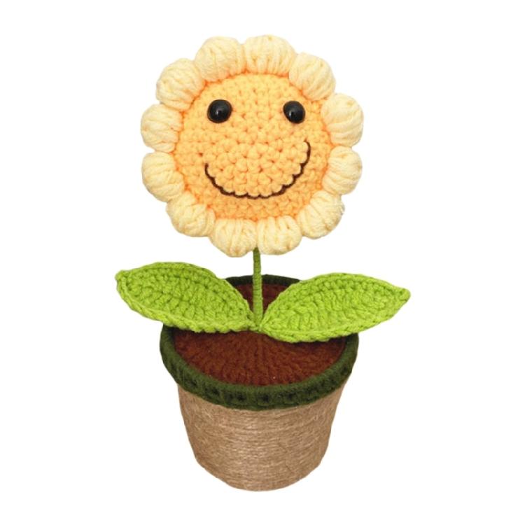 Crocheted Smiling Sunflowers Potted Plant Home Decors Ornament with LED Light for Mother Day Teacher Appreciation Gift