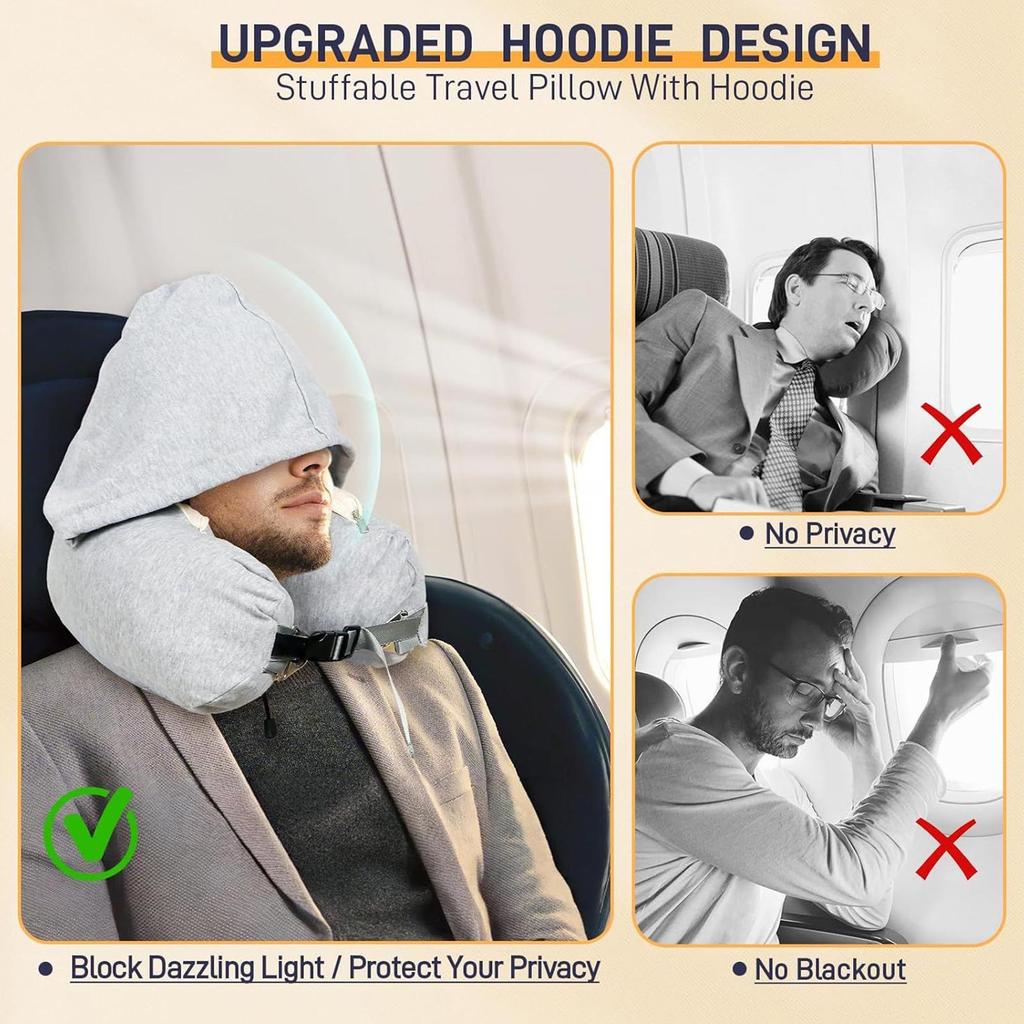 Travel Neck Pillow With Hood Airplane Neck Pillow Stuffable Fillable Storage Bag For Sleeping Home Car Plane Hotel Camping