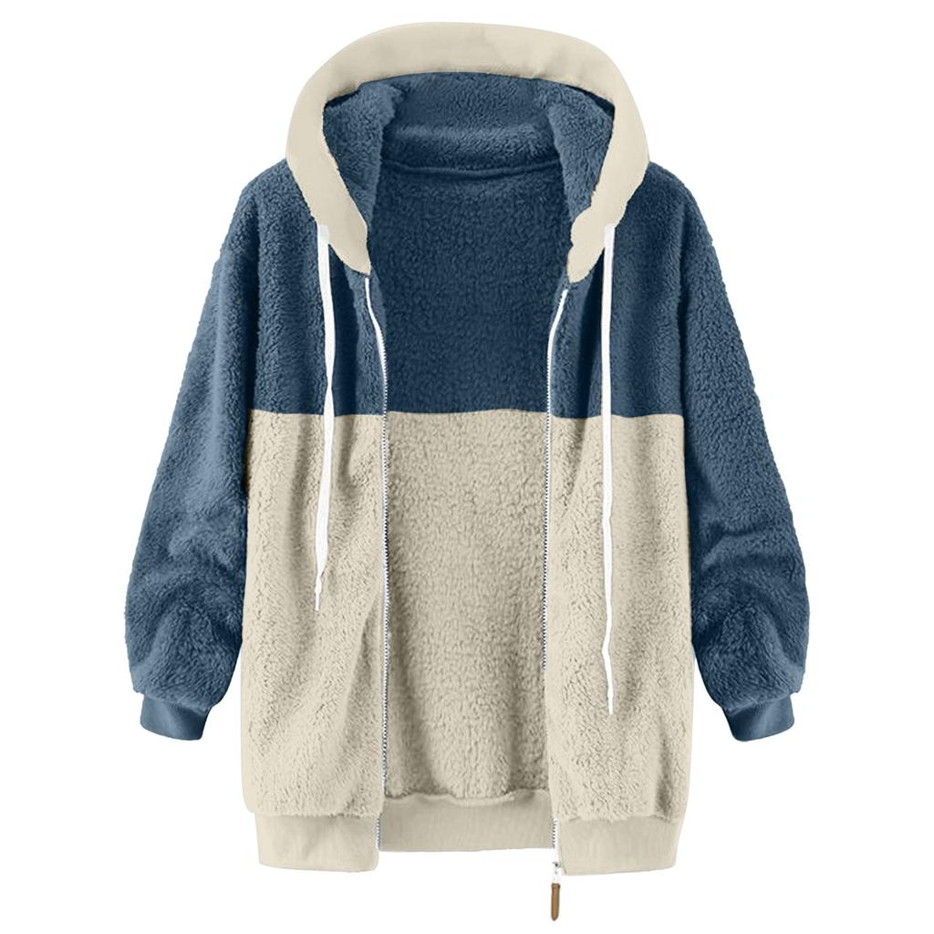 Women's Loose Large Size Plush Multicolor Paneled Hooded Zip Jacket