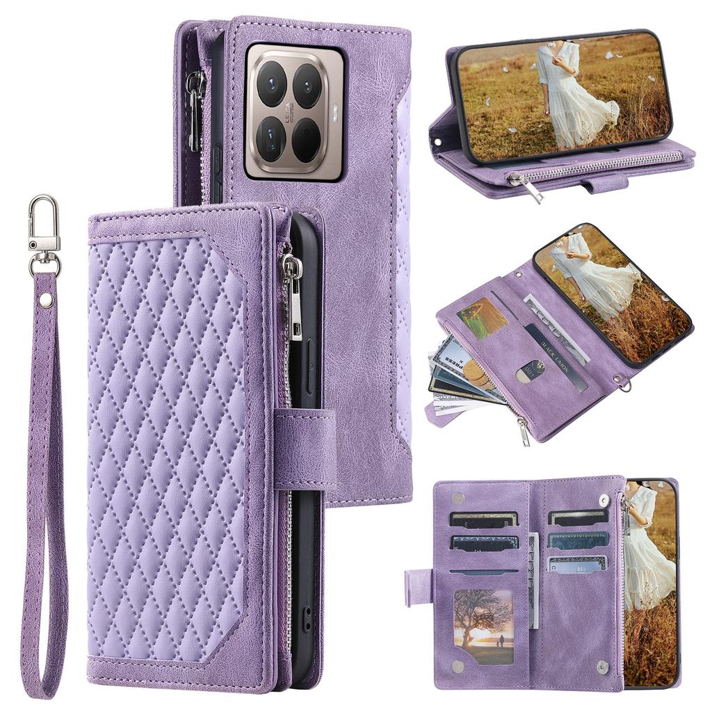 For Xiaomi 15T Pro Wallet Case Rhombus Stitching Line PU Leather Phone Cover with Wrist Strap