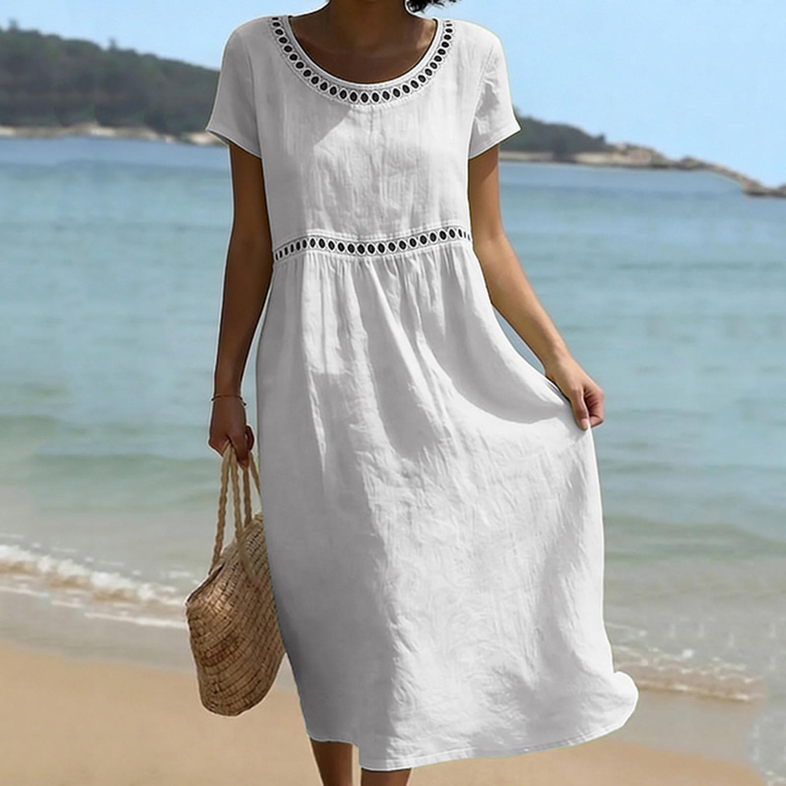 

Women s Summer Fashion Round-Neck Short-Sleeve Openwork Lace -Color Cotton-Linen Dress L білий
