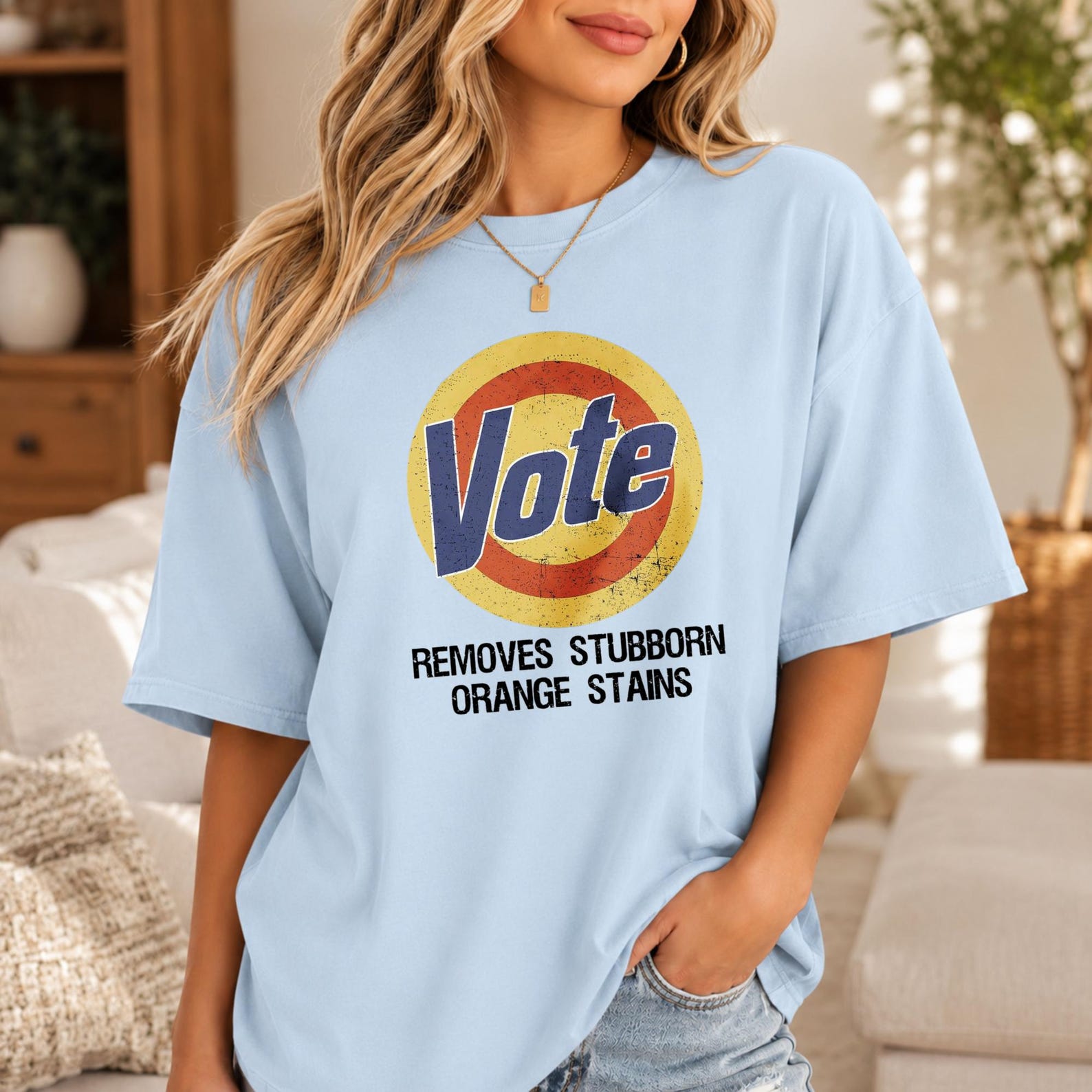 Vote Removes Stubborn Orange Stains Women Tee, Vintage Distressed Circular Target Political Graphic Shirt, Election Humor Satire Top XL