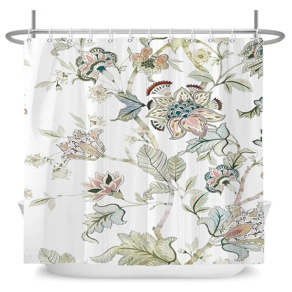Chinese Flower Bird Shower Curtains Set Printing Waterproof Polyester Leaves Shower Curtains Bathroom Home Decor Mat 180x200CM