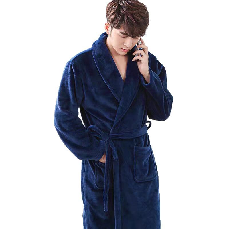 Men's Mid-Length Plush Coral Fleece Flannel Bathrobe for Autumn/Winter