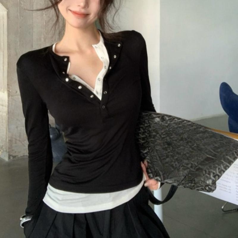 Korean Chic Design Fake Two Pieces Long Sleeves Shirt Women Autumn 2024 New Elegant All Match Slim Fit Slimming Base Tops Winter