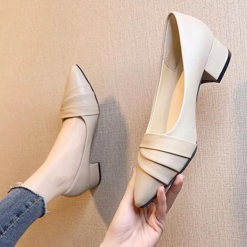 Fashion Woman Pumps Shoes for Women Chunky Heels Block Heel Pointed Toe with Medium Comfortable and Elegant Genuine Mark Fashion Stylish