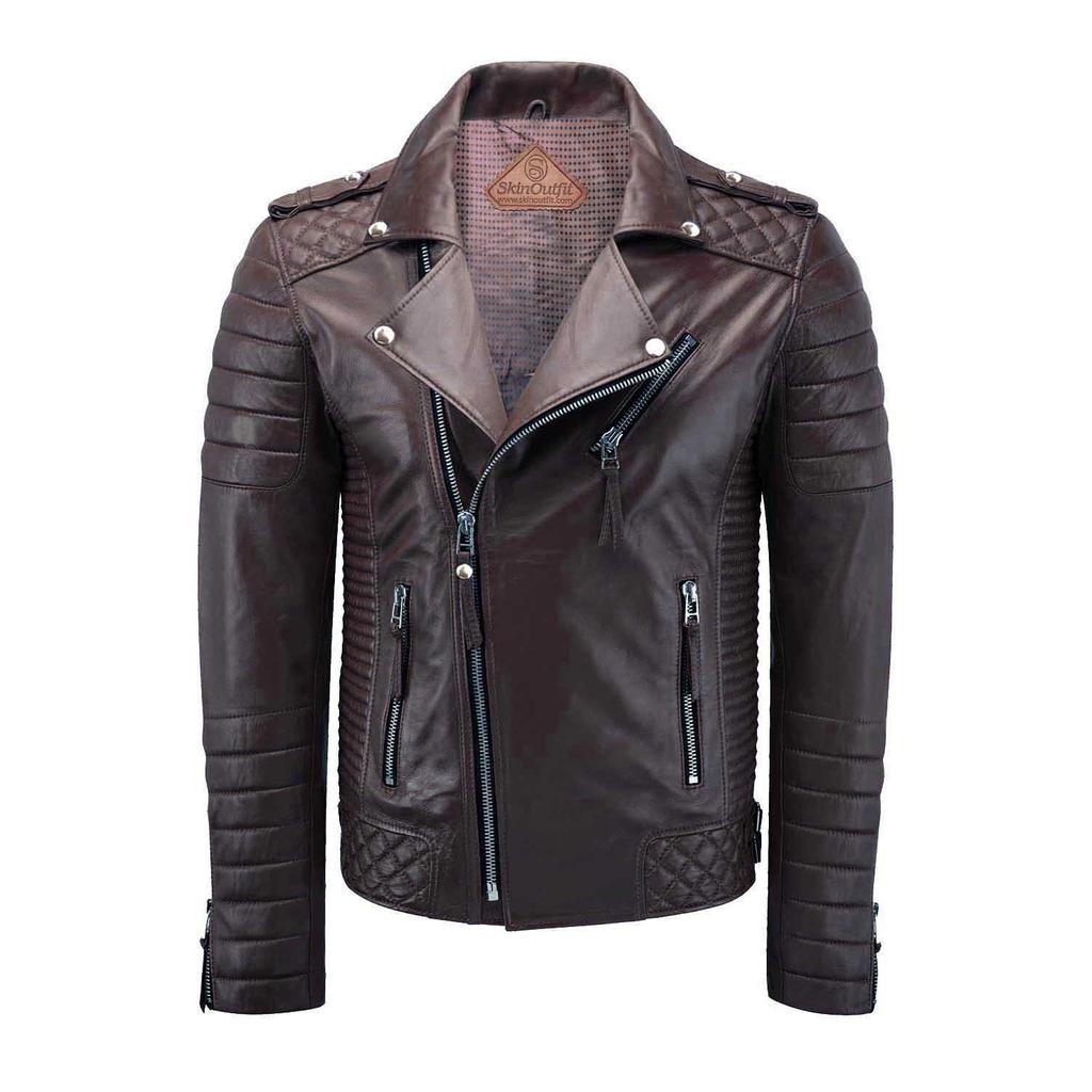 SKINOUTFIT Men's Motorcycle Leather Jacket Genuine Brown Lambskin Café Racer Biker Outerwear