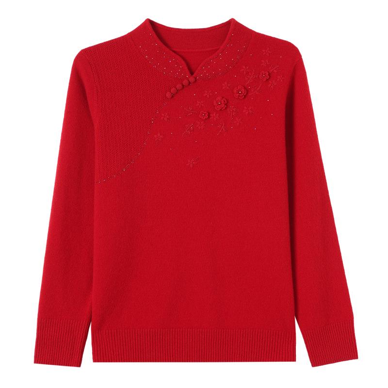 Mom's Stylish 100% Wool Winter Sweater - Elegant Chinese Design for Middle-Aged and Elderly Women