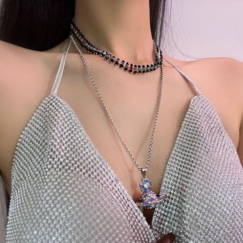 Empress Cixi Blue Pink Saturn Sphere Pendant Diamond Sweater Chain Necklace