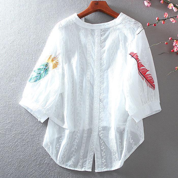 Summer Loose Cotton Blouse Lace V-neck Embroidered Balloon Sleeve Shirt Women's Top