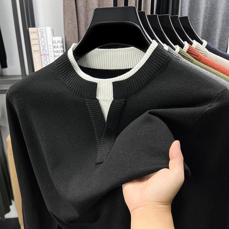 Men's V-Neck Faux Two-Piece Knit Sweater: Casual Long Sleeve Base Layer for Autumn & Winter