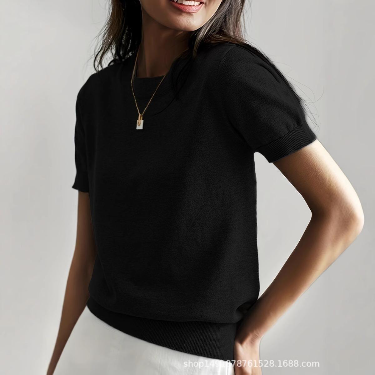 

Летний и осенний новый женский свободный повседневный топ, тонкий вязаный свитер с круглым вырезом и короткими рукавами S чёрный