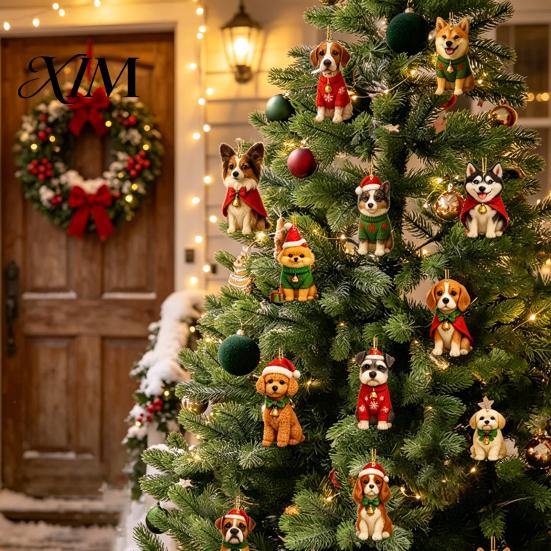 Reusable Double Sided Printed Acrylic Charms Dog Advent Calendar, 2D Breeds Ornaments, 24-Days Christmas Festive Home Window Car Rearview Mirror Decor