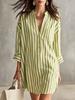 Women Striped Shirt Dress Long Sleeve Button Down Collar Pocket Loose Casual Mini Dress