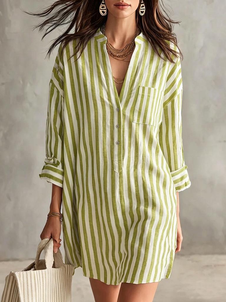 Women Striped Shirt Dress Long Sleeve Button Down Collar Pocket Loose Casual Mini Dress