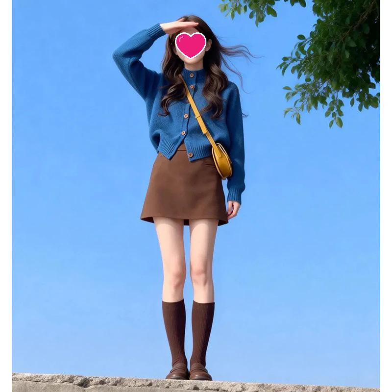 

2026 European Style Spring & Autumn Solid Color Cardigan Sweater with High-Waisted Coffee Skirt XL (115-125 jin)