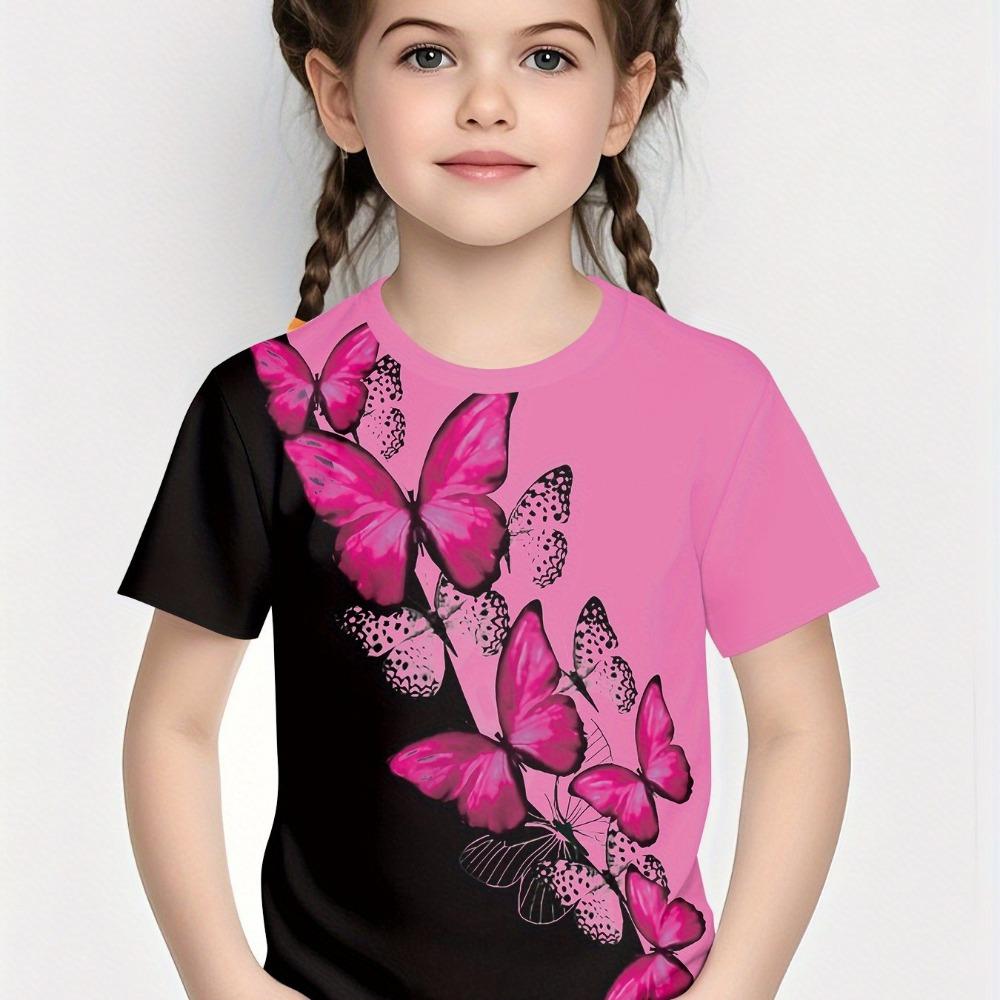 3D printed butterfly pattern girls' short-sleeved T-shirt, casual round neck, loose fit