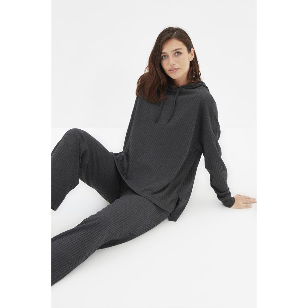 Anthracite Hooded Corded Knitted Pajama Set Thmaw22au0334